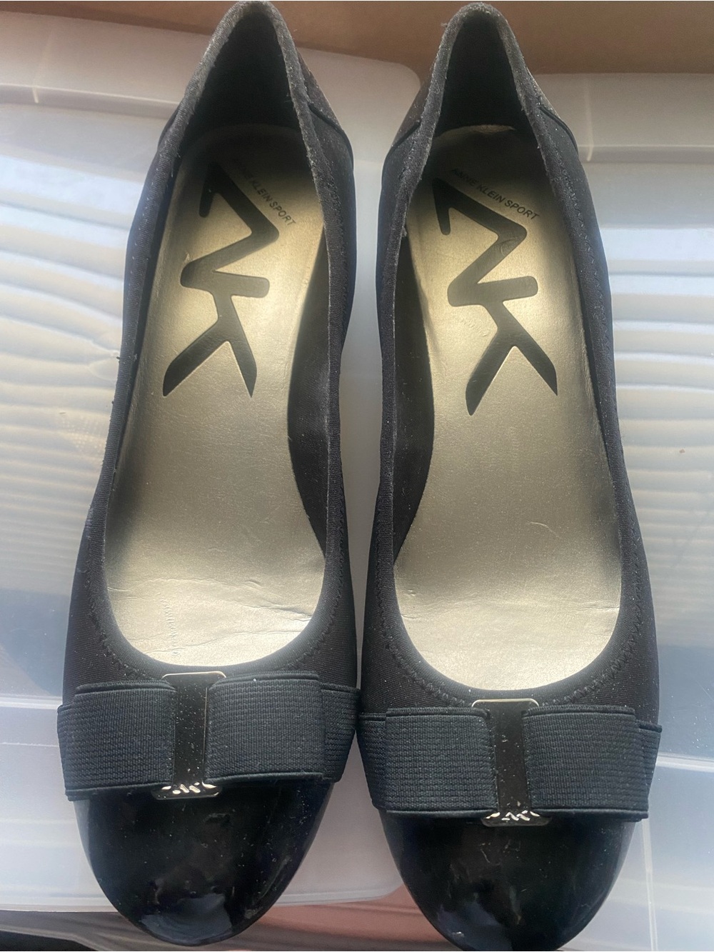 Anne Klein Sport Black Bow Cap-Toe Flats with Patent Detail